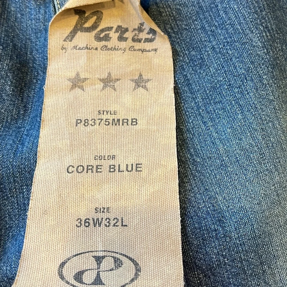 Men's Blue Jeans by Parts mid-rise, boot cut, 36x32, dark wash, NWT, belted,